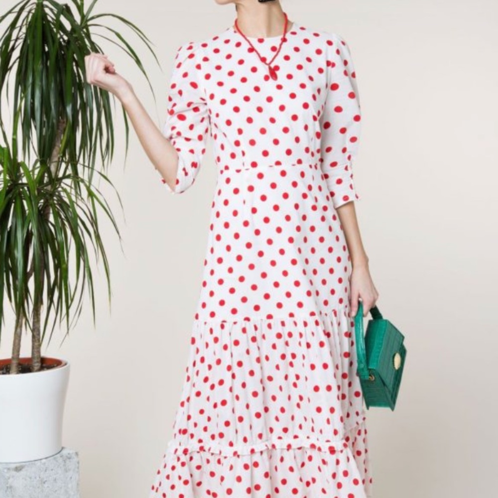 RIXO Matilda White Red Polka Dot Tiered Midi Maxi Dress Size Small